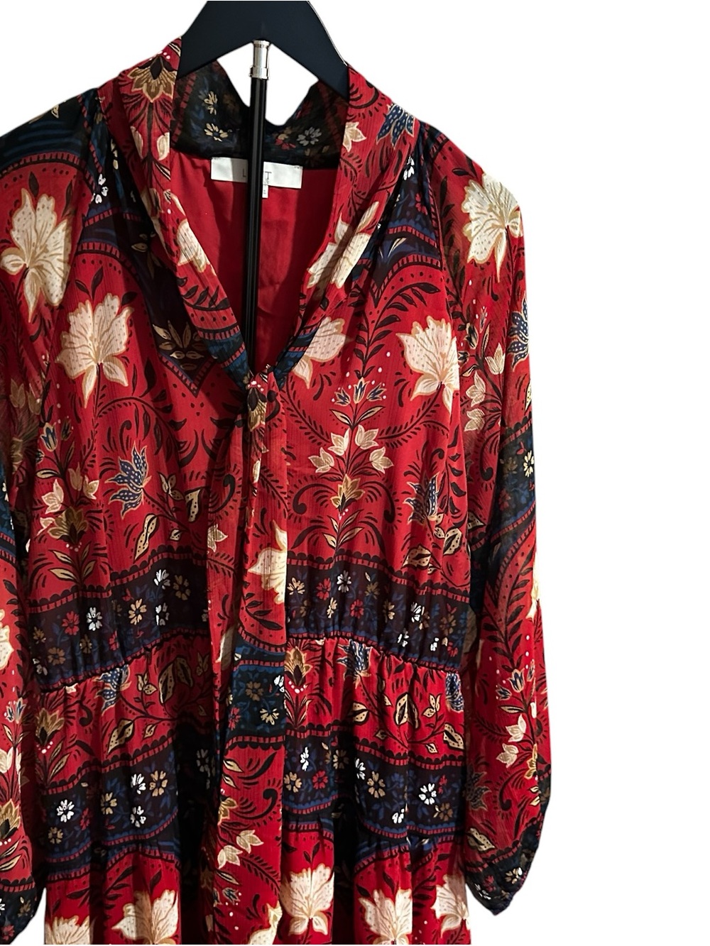 LOFT Red Floral V-Neck Tiered Midi Dress - Picture 4 of 6